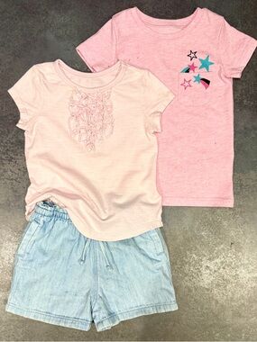 Girls 3 Pc Summer Outfit Set 18-24M 2T Pink Tees Blue Shorts Play Set